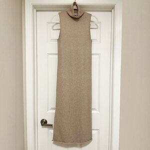 ZARA Tan Oatmeal Turtleneck Knit Column Midi Dress w/ Rolled Hem M